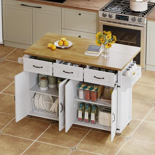 Yardi Yarda Mobile Kitchen Island with Foldable Worktop, Kitchen Trolley on Wheels with 3 Drawers, Adjustable Shelves, Double-sided Towel Rack and Storage Rack, 5 Lockable Castors, White