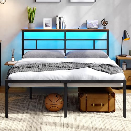 Yaheetech Double Metal Bed Frame with LED Lights Charging Station | 135 x 190 cm Bed Frame | Wooden Storage Headboard | Easy Assembly | Black