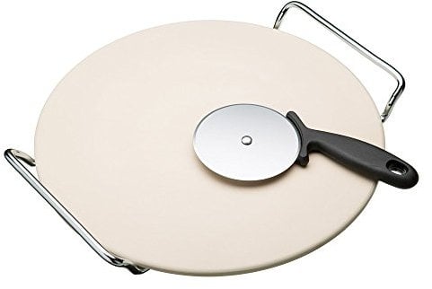 KitchenCraft KCPIZSTONE World of Flavours Pizza Stone and Cutter Wheel Set in Gift Box, Round, Ceramic, 2 Pieces, Beige, 32cm