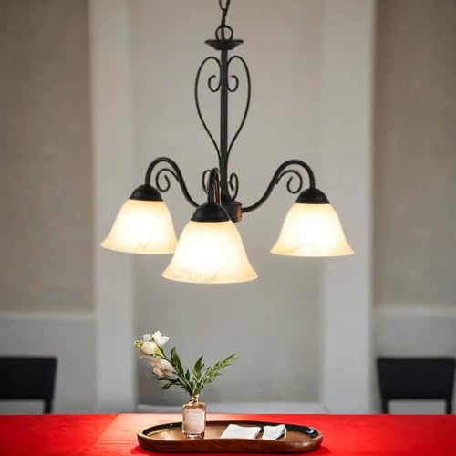 Licht-Erlebnisse Hängelampe Esstisch, Küchenlampe, Schwarz, Weiß, Landhaus, Rustikal, Glas, Metall, Ø46 cm, E14, 3-flammig, Esszimmerlampe, Pendelleuchte Esszimmer