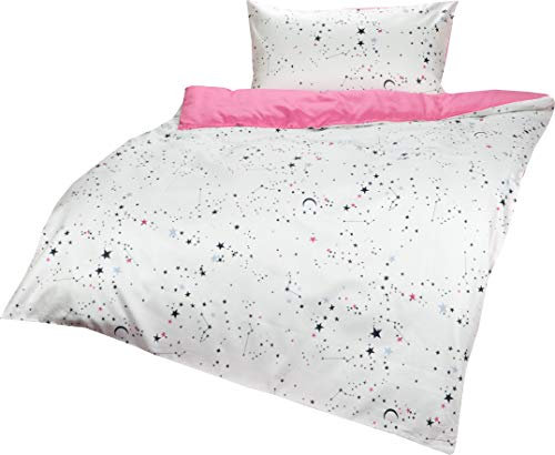 Lorenchen/Lorena Mako-Satin Kinderbettwäsche Sternenhimmel in rosa oder blau mit Nachthimmel-Motiv für Mädchen und Jungen 100% Baumwolle (100 cm x 135 cm + 40 x 60 cm, Rosa)