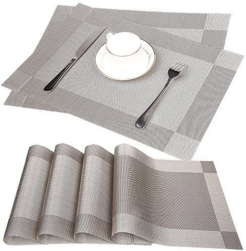 Fontic 6er Set Platzsets 30x45cm Platzdeckchen Rutschfest Abwaschbar Tischmatten aus PVC Abgrifffeste Hitzebeständig Tischsets Schmutzabweisend und Waschbare, Platz-Matten für küche Speisetisch (Grau)