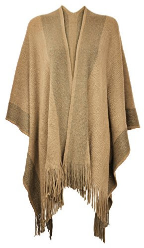 ZLYC Damen schal goldene Trim Knit-kuscheldecke Fringe Poncho-Mantel Strickjacke Camel One Size