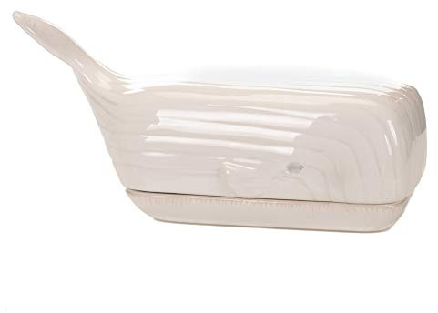 Drew Derose Ceramic White Whale Butter Dish with Lid, Glossy Finish, 9 x 4 inches, Dishwasher Safe