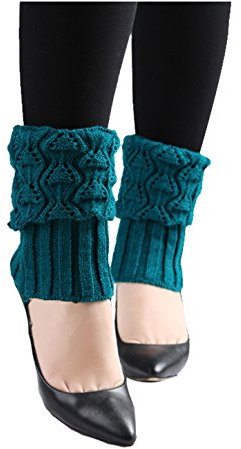 sourcing map Women's Knitted Toeless Solid Warm Stretchy Knee High Ribbed Leg Warmers Turquoise-Printed Fit Calf Girth:10-15
