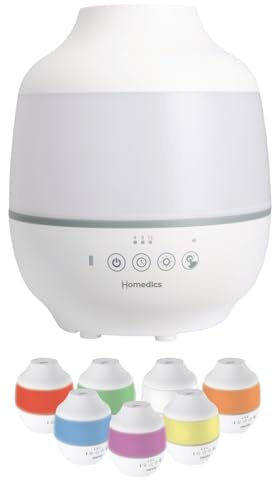 Homedics TotalComfort Humidifier – Large Air Humidifiers for Bedroom, Plants, Office – Cool Mist, Essential Oil Pads and Built-In Timer, 7-Color Night-Light, 2 Mist Settings, White