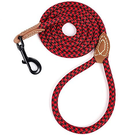 Mile High Life Rope Leash with Genuine Leather Connection, 6 FT/5 FT/4 FT, Heavy Duty Leash for Medium & Large Dogs(Red Black,48 Inch-1/2)