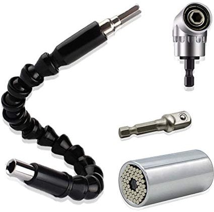 CNYMANY Set of 3 Universal Socket Wrench 7-19mm Grip Adapter, 105 Degree Driver Right Angle Extension Drill Attachment 1/4 inch Hex Shank, 11.8 inch Flexible Extension Bit Screwdriver Connection