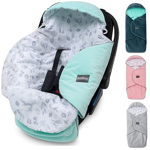 Bellochi Growing in style Premium Einschlagdecke Babyschale, Baby Erstausstattung aus Baumwolle für Autositz, Kuscheldecke für Kinderwagen mit Fußsack passend für Maxi-Cosi, Römer, Cybex – Grün