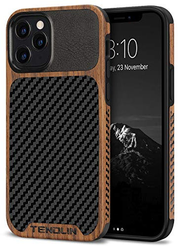 TENDLIN Compatible with iPhone 12 Pro Max Case Wood Grain with Carbon Fiber Texture Design Leather Hybrid Case Black