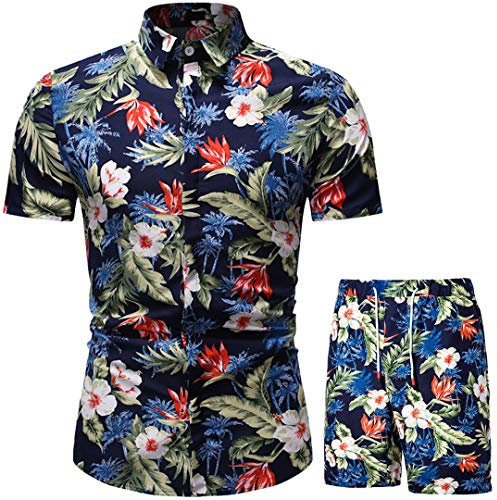 Sommer Männer Set Floral Print Hawaiian T-Shirt und Shorts Beachwear Urlaubsanzug Zwei Stück Set Black M