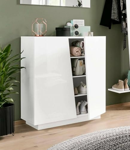 Dmora - Schuhregal Joel, Mehrzweckschrank mit 2 Türen, Schuhregal für den Eingangsbereich, 100 % Made in Italy, 80 x 38 x 86 cm, glänzend weiß,