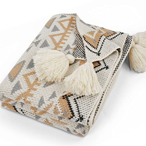 Navajo Strick-Überwurfdecke mit Quaste, gemütlich, weich, dekorativ, für Sofa, Bett, Outdoor, Vintage, Tribal-Überwurf, 127 x 152 cm, Hellbeige