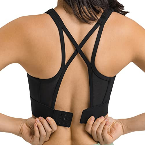 Lemedy Rückenverschluss, Sport-BH, Netzstoff, überkreuzt, Racerback, gepolstert, Workout, bauchfreies Tanktop, schwarz, Large