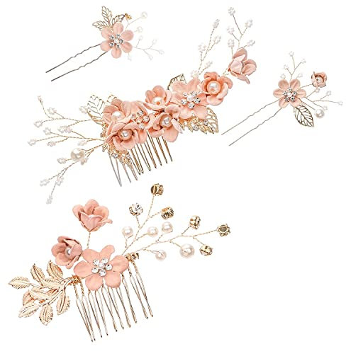 Kleemeiero 4 Stk Haarkamm Hochzeit Haarschmuck Kopfschmuck Rosa Brautkamm Blumen Haarteile Braut Kamm Perle Haarnadeln Haarklammer Braut Steckkamm Haarspange Brautschmuck Haare für Frauen Mädchen