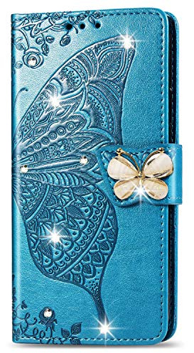 Motorola G13/G23/G53 Phone Case, Cute Glitter Bling Shockproof Folio Flip PU Leather Wallet Cover Butterfly with Card Slot Stand Silicone Bumper Cases for Moto G13/G23/G53 Case Girls, Blue