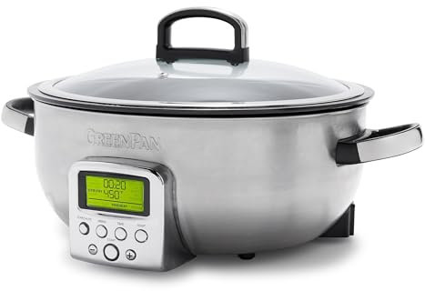 GreenPan Elite Olla Multicooker Eléctrica 5.6L, Preajustes para Saltear ,Rehogar, Sofreír y Arroz, Recubrimiento Cerámico Antiadherente Sano Sin PFAS y Piezas Aptas para Lavavajillas,Pantalla LED,Inox