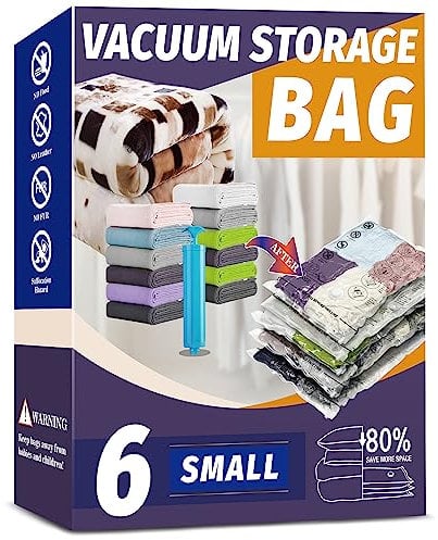 Vacuum Storage Bags, Space Saver Bags, Vacuum Sealer Bags for Comforters and Blankets, Compression Storage Bags for Clothes Storage, Hand Pump Included (6 Small)