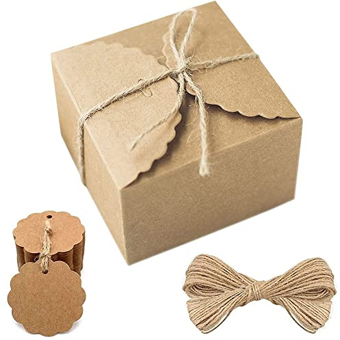 50 Stücke Karton Geschenkboxen Braun, Braune Kraftpapier Geschenkboxen, Kraftpapier Box, mit 50 Juteseilen und 50 Anhängern, zum Verpacken von Süßigkeiten, Keksen, Snacks