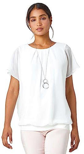 Roman Chiffon Overlay Top with Necklace for Women UK Ladies Smart Evening Blouse Fitted Stretchy Going Out Elegant Sparkly Party 3/4 Length Sleeve V-Neck Silk - Ivory - Size 20