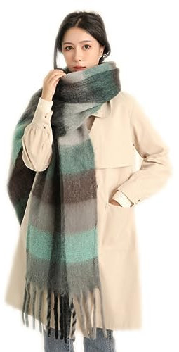 Damen Schal, Kariert übergroßer Winter SchaltuchKaro Schultertuch Plaid Deckenschal Modeschal Weich Warm Strickschal Oversized Herbstschal Warme Winter Stola mehrfarbig,Grün Grau