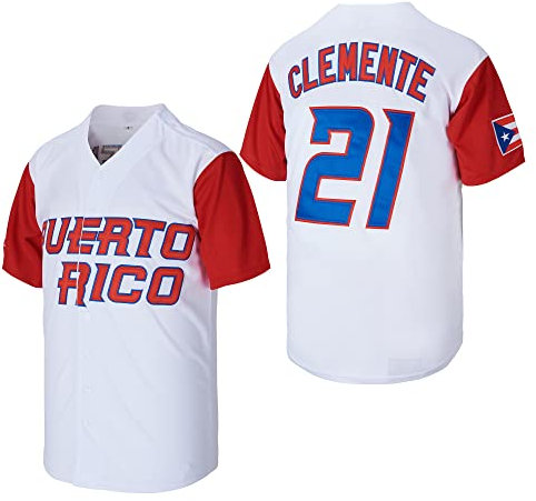 Herren #21 Roberto Clemente Baseball Jersey Puerto Rico World Game Classic Baseball Shirt Stitched, Weiss/opulenter Garten, Mittel