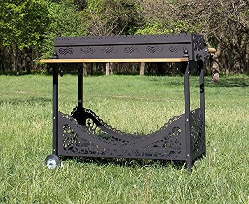 Grill, Mangal, BBQ Armada 2, Gartengrill, Grill mit 4 mm Stahl. Holzregal, Holzfach, bis zu 20 Schaschlik-Spieße, mit Räder, Picknick grill, Camping