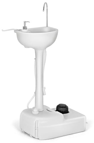 SOARS Lavabo de camping con bomba de pie, fregadero móvil con ruedas, toallero y dispensador de jabón, lavabo de camping con depósito de agua de 17 l para exteriores, viajes