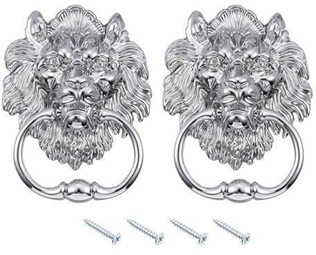 sourcing map 2 Pcs Lion Head Pulls Knob, 6 Inch Zinc Alloy Vintage Lion Door Handle Decorative Front Door Knob Ring Pull Handle for Gate Cabinets Drawers, Silver