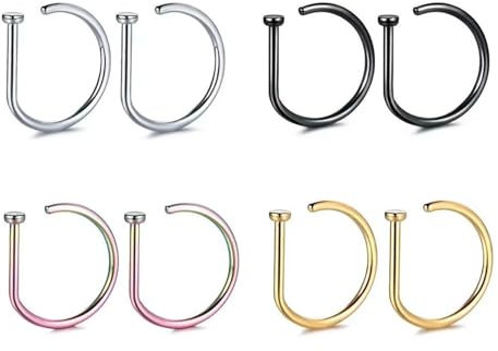 WUFGWBD 8 Pieces Nose & Lip Piercing Ring, D-Shaped, 4 Colors, Stainless Steel, 0.8*8Mm