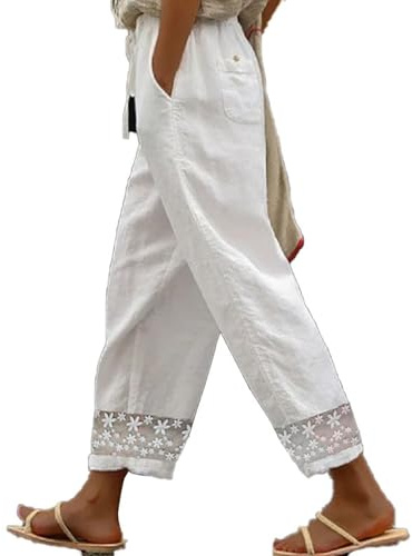 Womens Linen Trousers with Elasticated Waist Lace Legs Design Cropped Trousers Wide Leg Lightweight with Drawstring Pockets Casual Loose Palazzo Pants Hollow Beach Bottoms for Holiday