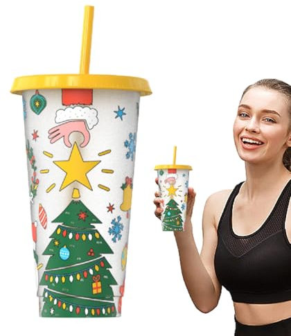 Weihnachtstasse mit Deckel, wiederverwendbar, lebensmittelecht, mit Deckel und Strohhalm, Eiskaffeebecher für Milchshake, Saft, Getränke, 680 ml