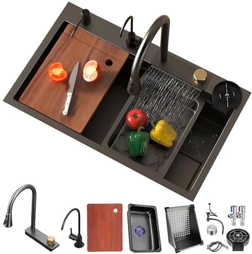 Fregadero De Cascada, Fregadero De Cocina De Acero Inoxidable Negro, Estación De Trabajo De Un Solo Tazón Con Lavavasos, Canasta De Drenaje Y Grifo Extraíble, Fregadero De Montaje Superior, Con Revest