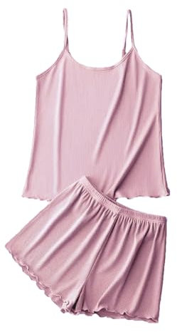 Weardear Pyjama Femme Ete sans Manches Ensemble de Pyjama en Volants pour Femme Vêtements de Nuit Sexy Hauts et Shorts 2 Pièces, Rose, L