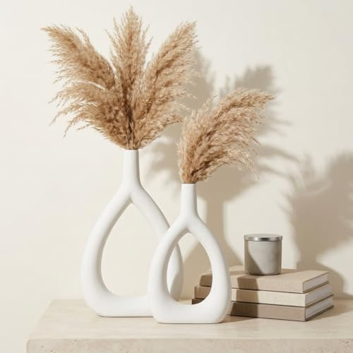 Ajuny Oval Vase, Set of 2 - White Decorative Ceramic Oval Shape Vases for Pampas Grass Flowers | Table Centerpiece Wedding Party Living Room Office Modern Home Decor