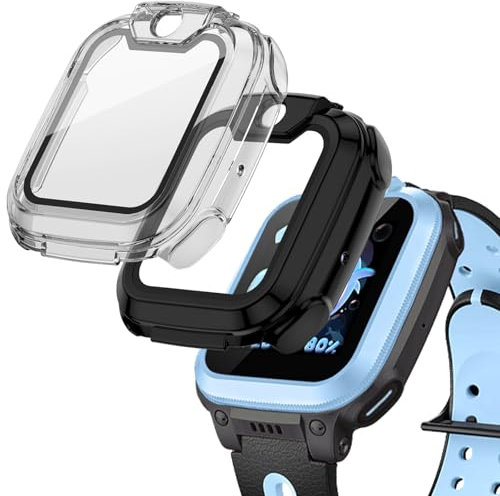 NewJourney 2 Stück Schutzhülle mit Panzerglas für Imoo Watch Phone Z1, Hartplastik-Hülle + Gehärtete Schutzfolie 2 in 1 für Z1 SmartWatch（Schwarz/Transparent）