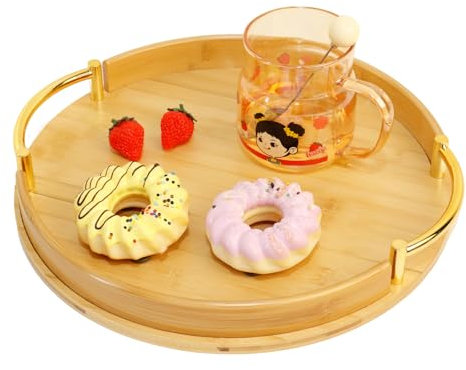 Tablett Serviertablett, Bambus Serviertablett mit Griffe aus Metall,Holz Tablett Küchentablett Servierplatte Frühstückstablett für Frühstück, Tee, Couchtisch, Küchen Deko Tablett