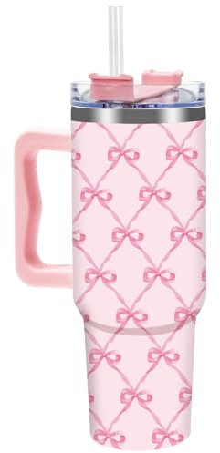FYSUIMU Pink Bow Tumbler with Handle Straw and Lid 40oz Pink Ribbon Bow Stainless Steel Cup Travel Coffee Tumbler Cup for Home Office Holiday Birthday