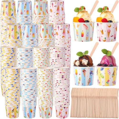 Ninehaoou 300 Sets Paper Ice Cream Cups Disposable Dessert Bowls for Dessert with Bulk Mini Wooden Spoons Colorful Disposable Dessert Cups Containers Party Supplies Dessert Cups for Ice Cream Party