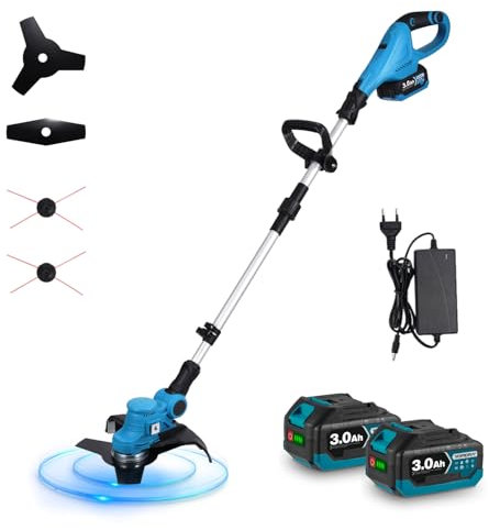 Decespugliatore a batteria, con batteria e caricatore con coltello, 21V con 3.0Ah Batterie e 3 Tipi Lame Taglia Erba da Giardino Elettrico Testata Regolabile per Giardino