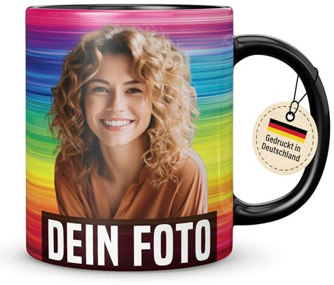 Personalisierte Tasse mit Foto, Tasse personalisiert mit Foto und Text – gedruckt in Deutschland (Schwarz, Randloser Druck)