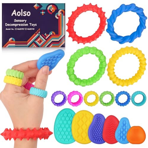 Aolso Sensorisches Zappelspielzeug, 4er-Pack Dehnbare Zappelarmbänder + 6er-Pack sensorische Steine ​​+ 6er-Pack sensorische Ringspielzeuge, stressabbauendes Spielzeug für Kinder und Erwachsene