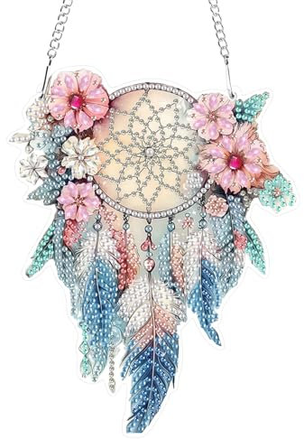 GHHKUD Diamond Painting Fensterbilder Beidseitige, Diamond Painting Traumfänger Anhänger mit Kette, Diamant Art Bilder Kristall Malerei Anhänger, Wandbehang Kits für Eingang Fenster Wand Decor