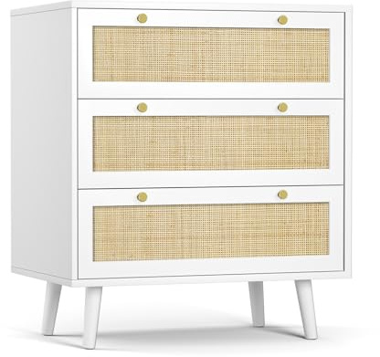 Skokliz 3-Schubladen Kommode mit Rattanfront | Moderner Komodenschrank fürs Schlafzimmer Kommode | Großer Stauraum Schubladenkommode | Naturlook Kommode mit Schubladen