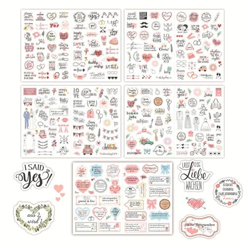 Canollo Sticker Hochzeit Gästebuch(266 Motive), Lustige Aufkleber Hochzeit, 5 Bögen Groß Fotoalbum Sticker, Hochzeitssticker Gästebuch Deko für Fotoalbum, Liebe Hochzeitsdeko Zubehör (Rosa)