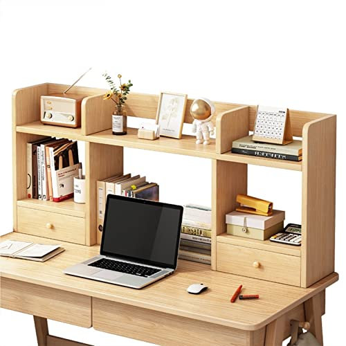 Wooden Desktop Bookshelf with Drawers Office nizer and Storage Shelves for Computer Desk Dressing Table Teak Color Large Capacity Shelf Rack.
