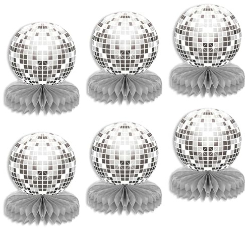 1 Set of 6 Disco Themed Honeycomb Birthday Party Glitter Paper Ball Desktop Retro Maniac 70s, 80s, 90s Decorations(Silvery）