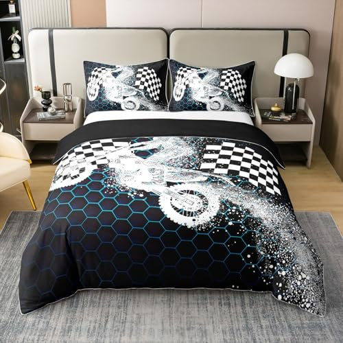 richhome Juego de ropa de cama de motocross, 100 % algodón, para niños, color azul y negro, diseño de panal de abeja, colección de dormitorio, 3 piezas, tamaño Super King
