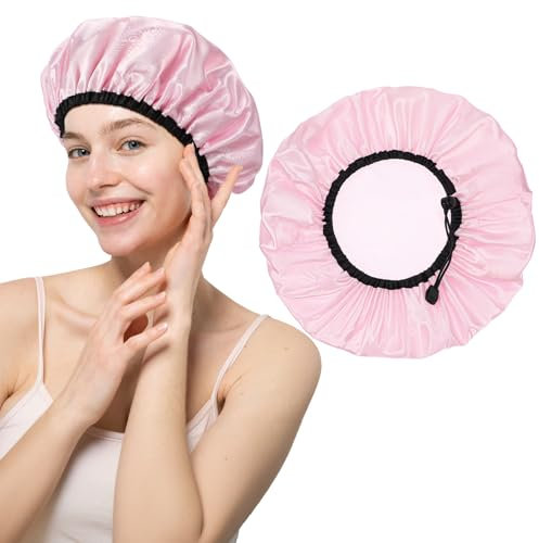 Waterproof Shower Caps for Women, Double-Layer Adjustable Large Shower Cap, Showers Cap Reusable Waterproof, Pink Soft Satin Showers Caps for All Hair Lengths