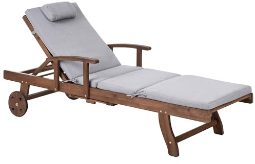 Beliani Acacia Wood Garden Sun Lounger Reclining with Wheels Classic Design with Grey Melange Cushion Amantea Premium